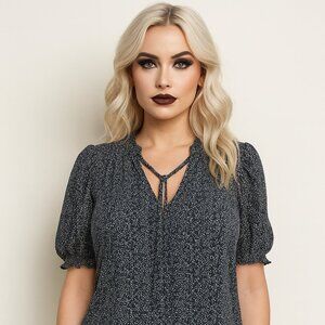 Nordstrom Black and Blue Blouse with Mandarin Collar and Tie Front